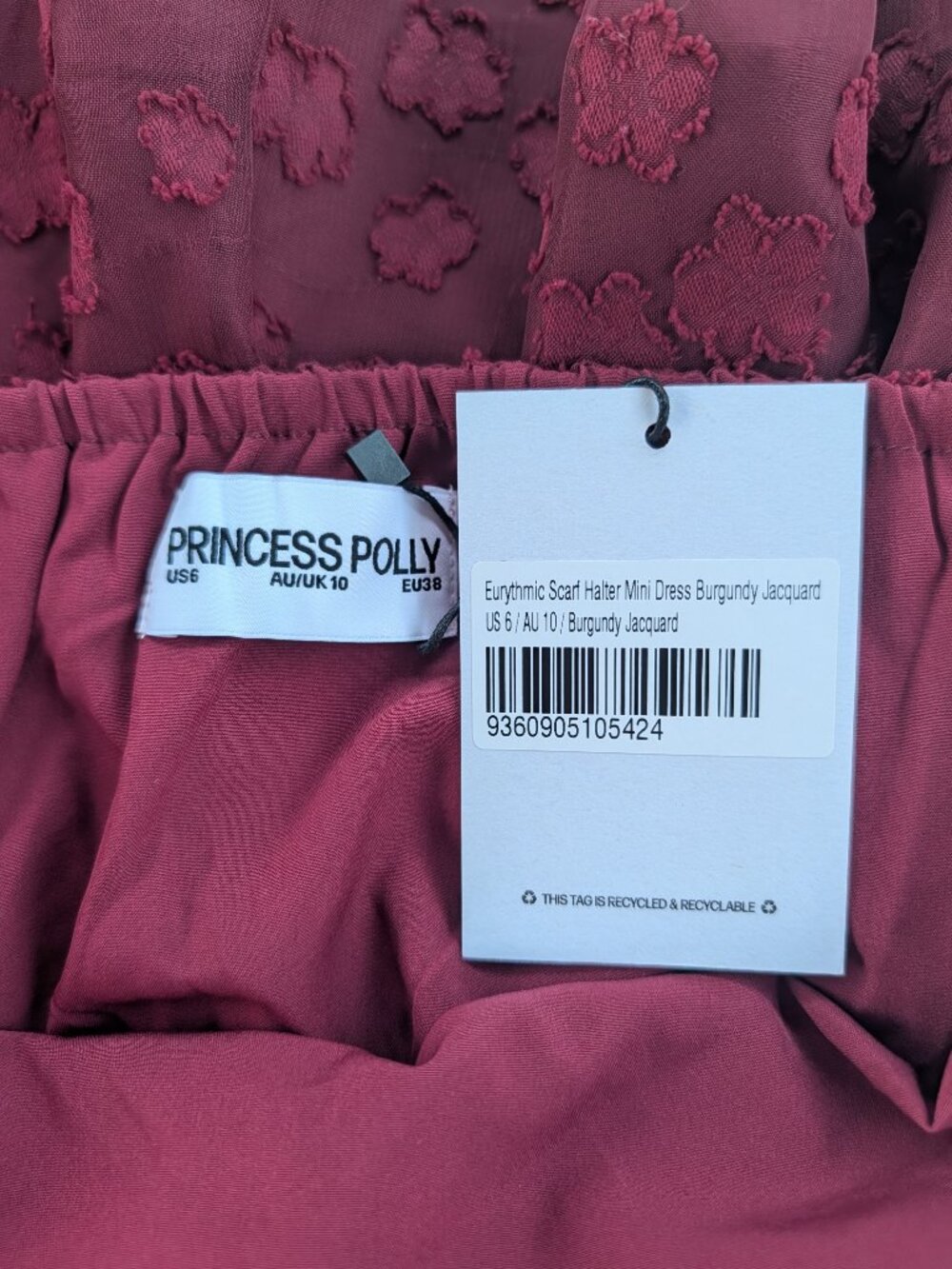 Princess Polly Eurythmic scarf halter mini dress Burgundy jacquard 6 NWT - Picture 13 of 15